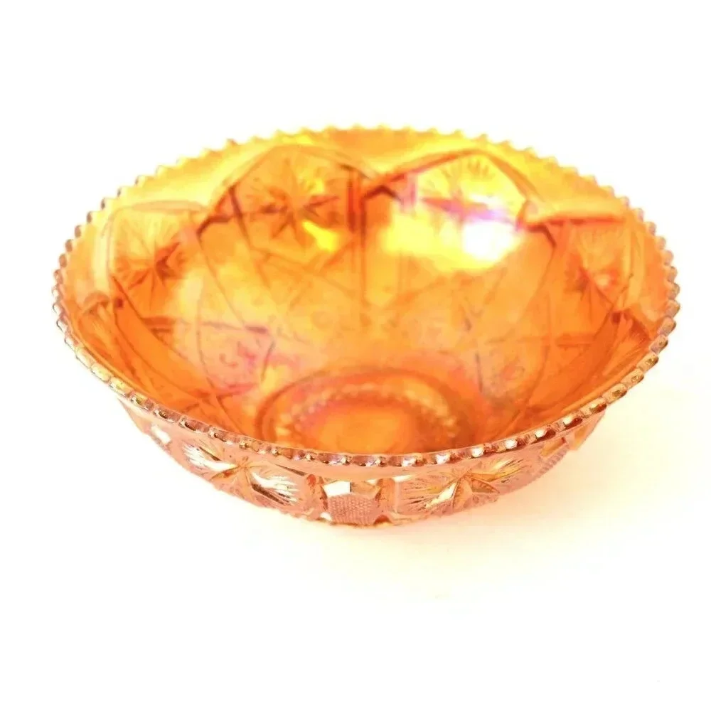 Vintage Antique MCM Orange Carnival Glass Marigold Etched Decorative Food Bowl